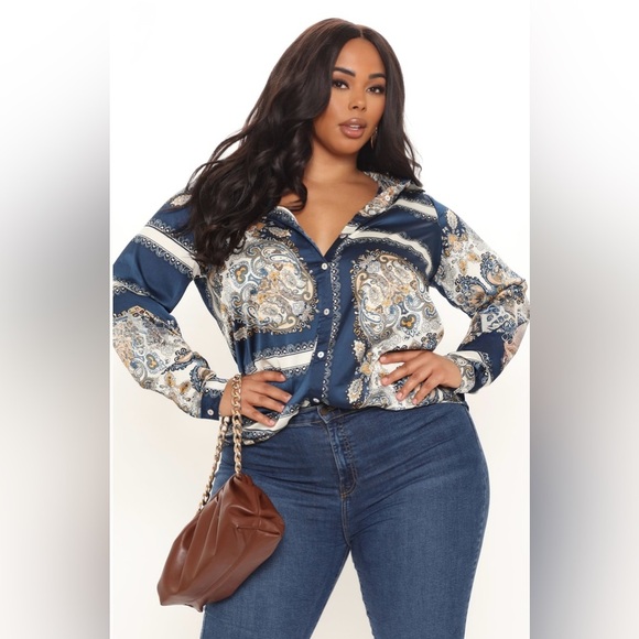 Fashion Nova NWOT Posh And Deluxe Satin Paisley Shirt | Blue/combo | Size 2XL - Picture 4 of 15